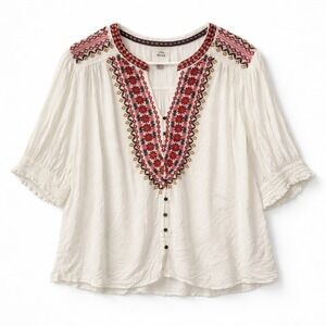 Knox Rose Boho Embroidered Peasant Top Cream Hippie Blouse W XL Witchy Fairy